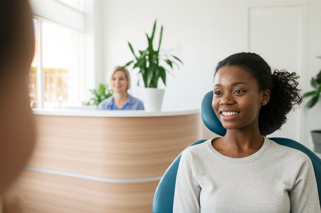 Paciente feliz sorrindo na clínica